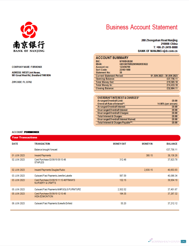 Download Bank of Nanjing corporate checking account statement Word and PDF template Photoshop template